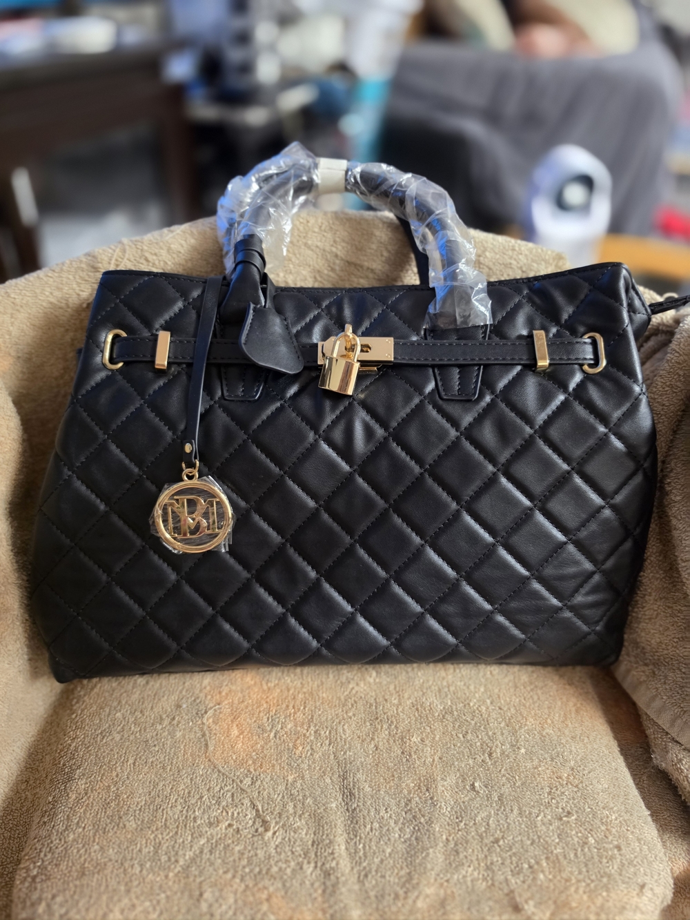Badgley Mischka Black Diamond Quilted Tote Bag with Front Lock